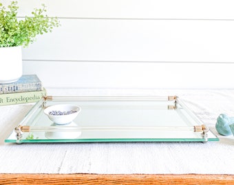 Vintage Vanity Mirror Tray w/Gold & Glass Rails; Footed Mirrored Dresser Tray with Handles; Makeup/Perfume Holder Display; Mid Century Decor