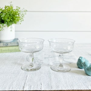Vintage Set of Depression Glass Stemware; Ornate Coupe Glasses; Art Deco Champagne Glass, Goblet; Clear Glass Cocktail, Sherbet Cup; Barware