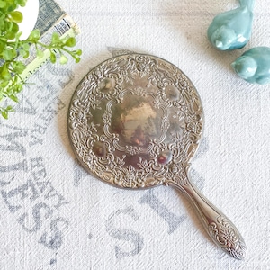 Vintage Silver Plated Hand Mirror; Silver Floral Repousse Hand Mirror; Handheld Silverplate Mirror; Vanity Accessory; Birthday Gift for Her