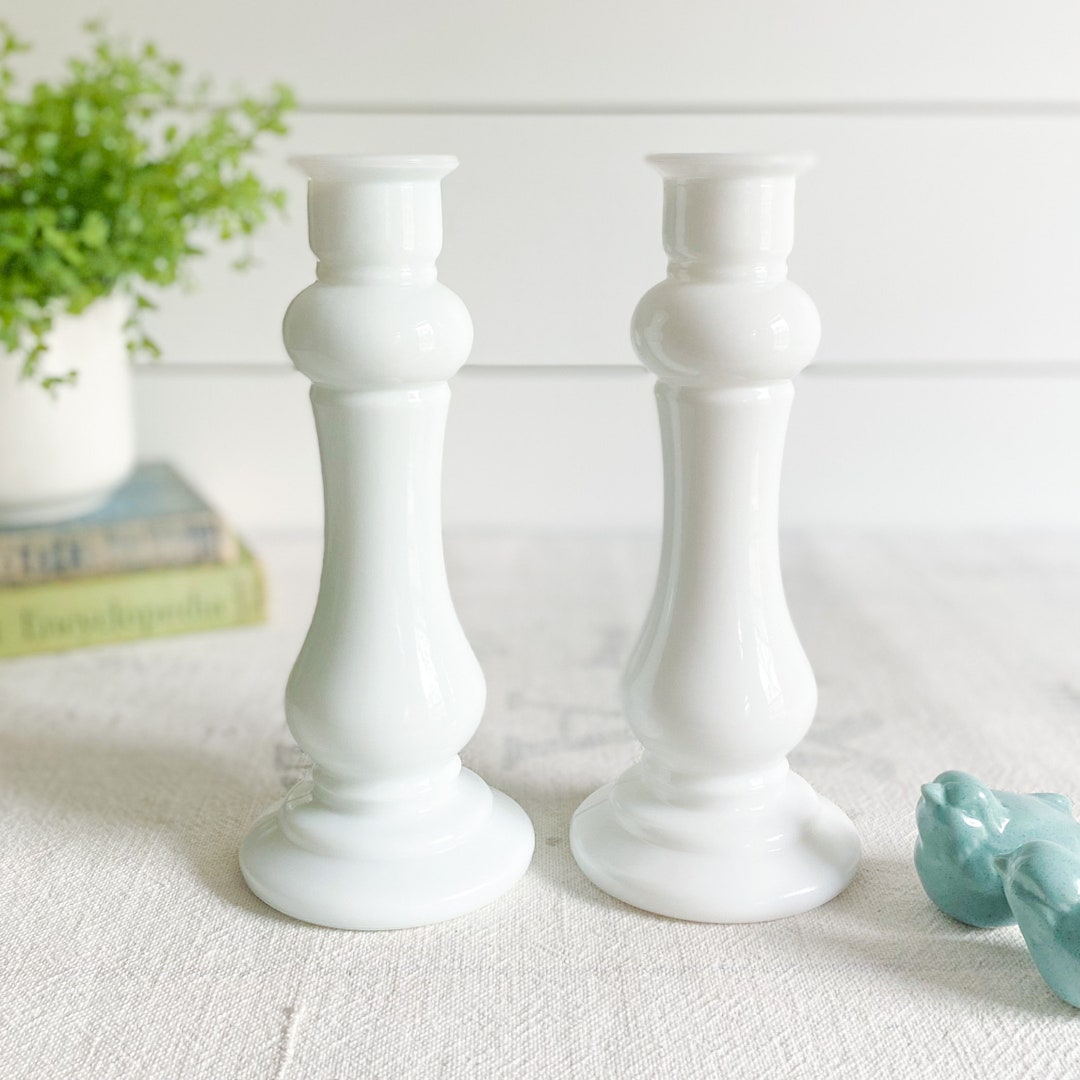Vintage Pair of White Milk Glass Vases Mid Century Milk Glass Vases