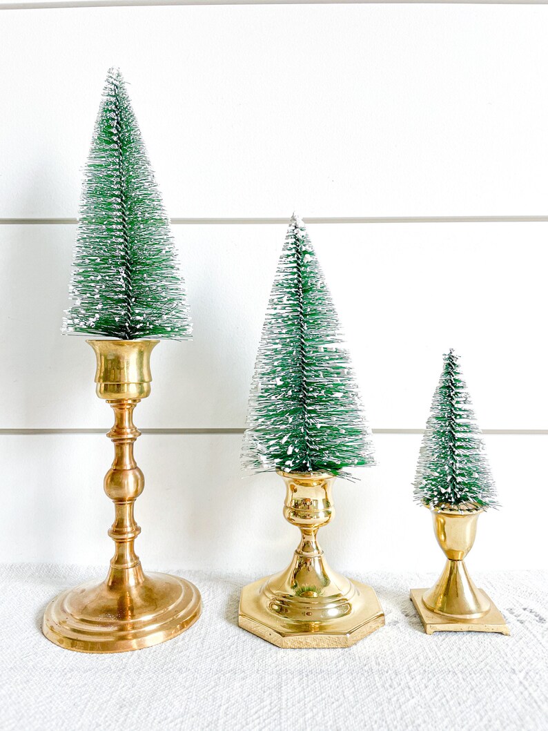 Vintage Set of Repurposed Brass Candlesticks W/flocked Trees Etsy