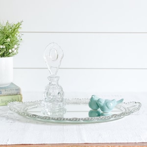 Pressed Glass Vanity Mirror Tray w/ Matching Perfume Bottle; Footed Mirrored Dresser Tray Set; Oval Makeup/Perfume Holder Display