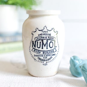 Large NuMol Body Builder Antique English Advertising Pot; Stoneware Bottle; Ironstone Jar; Repurposed Cottage Farmhouse Vase, Crock; England