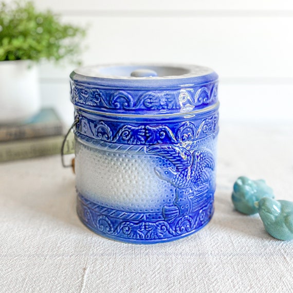 Stoneware Crock with Cobalt Blue Bands and Lid