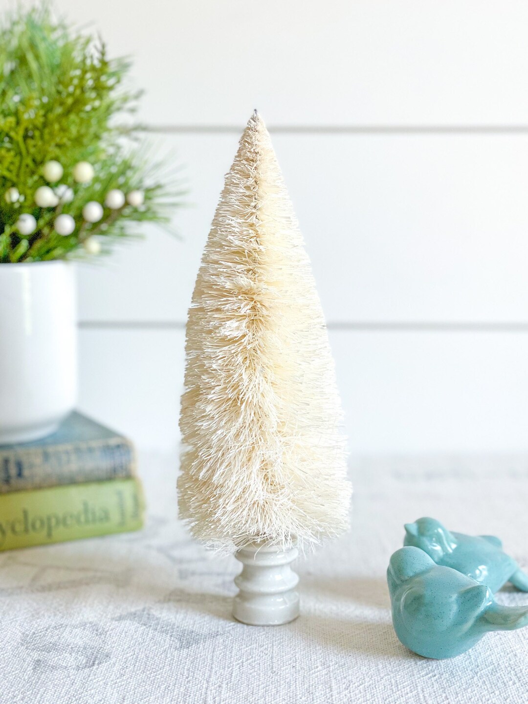 Creamy White Bottle Brush Tree on Vintage Insulator Base Vintagestyle