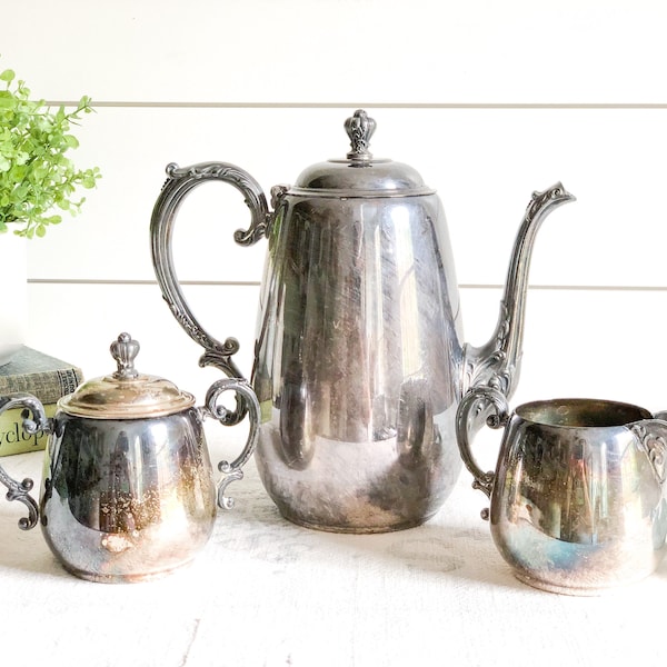 Vintage Wm. Rogers & Son “Spring Flower” Silver Tea/Coffee Set; Silverplate Tea Service; Silver-Plated Tea/Coffee Pot, Creamer, Sugar Set