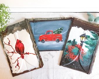 Handmade Christmas Gift; Vintage Tin Tile w/ Hand-Painted Winter Image; Handmade Wall Decor; Christmas, Holiday, Birthday, Housewarming Gift