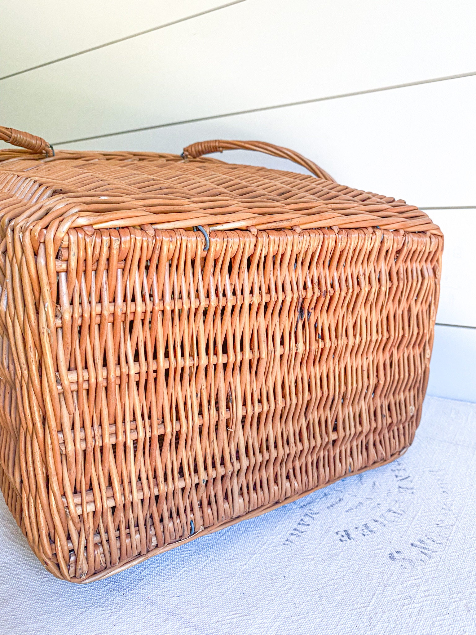 Vintage Wicker Basket W/ Leather Clasp; Woven Harvest, Gathering