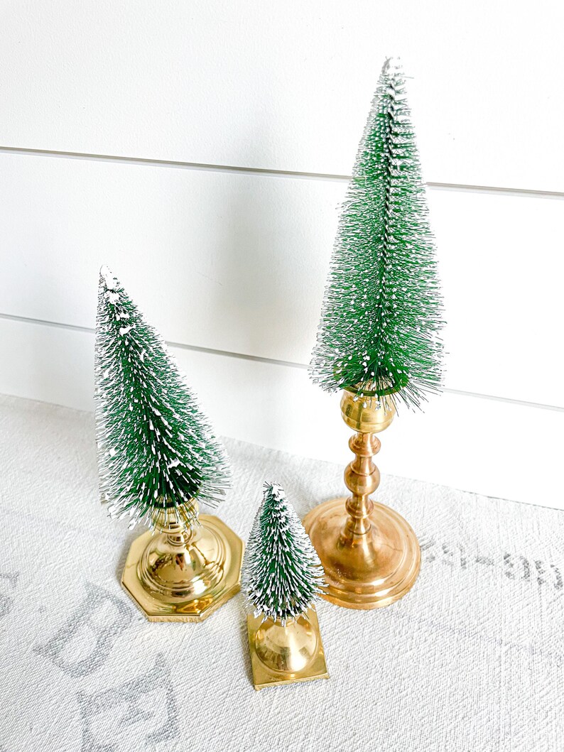 Vintage Set of Repurposed Brass Candlesticks W/flocked Trees Etsy
