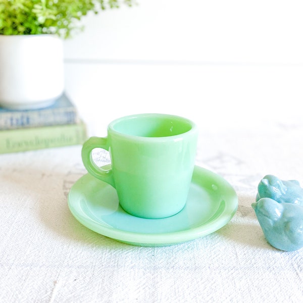 Fire King Jadeite Restaurant Ware Cup & Saucer; Small Chunky Jadite Tea, Coffee Cup, Plate; Mint Green Milk Glass Teacup; Jade-Ite Diner Mug