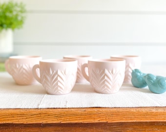 Vintage Jeannette Glass Shell Pink Punch Cups; Pale Pink Milk Glass Feather Pattern Lunch Cup Set; Mid Century Party Drinkware, Hostess Gift