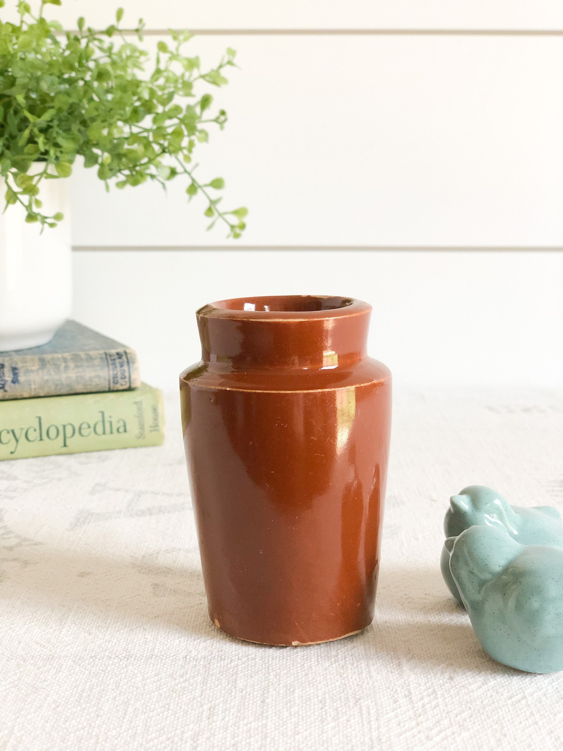 Brown Glazed Stoneware Cream Pot; Antique English Advertising Jar; Stoneware Crock; Honey Pot; Bud Vase; Farmhouse Decor; Gift for Him, Her