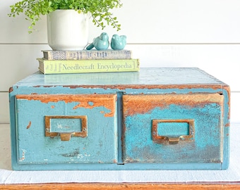 Vintage Chippy Turquoise Wood Card Catalog, Library File Cabinet