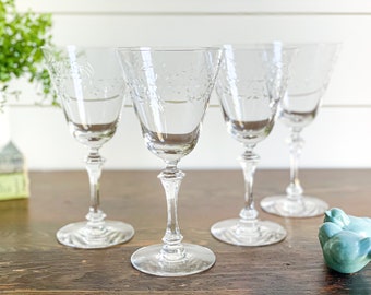 Vintage Set of Tiffin-Franciscan "Lenox Belvedere" Water Goblets; Mid Century Wine Glasses; Elegant Cut Glass Stemware; Ornate Floral Design