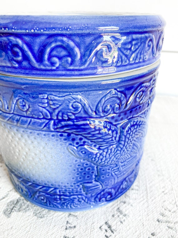 Stoneware Crock with Cobalt Blue Bands and Lid