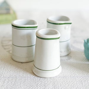 Vintage Set of Restaurant Ware Creamers; Chunky White Ironstone Creamers with Green Stripe; Individual Stoneware Cream Jars; Farmhouse Diner