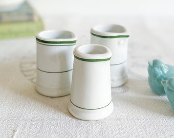 Vintage Set of Restaurant Ware Creamers; Chunky White Ironstone Creamers with Green Stripe; Individual Stoneware Cream Jars; Farmhouse Diner