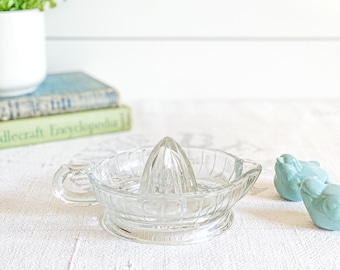 Clear Glass Footed Citrus Juicer; Ribbed Glass Reamer w/ Handle; Pressed Glass Juicing Tool; Farmhouse Kitchen; Birthday, Housewarming Gift