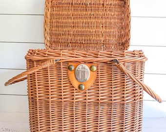 Vintage Wicker Basket W/ Leather Clasp; Woven Harvest, Gathering