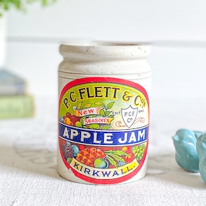 Antique Stoneware Jam Pot w/ PC Flett & Co. Apple Jam Label; Vintage Jam Jar; English Advertising