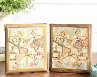 Vintage Map-Style Bookends; Book Accessories; Bookshelf Decor; Children's Library Accessories; Graduation Teacher Wedding Housewarming Gift