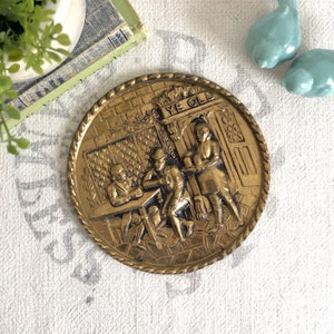 Vintage English Brass Repousse Wall Plaque; Round Embossed Brass Wall Plate Decor; Brass Tavern, Pub Scene Wall Hanging; Farmhouse Decor