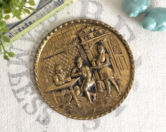 Vintage English Brass Repousse Wall Plaque; Round Embossed Brass Wall Plate Decor; Brass Tavern, Pub Scene Wall Hanging; Farmhouse Decor