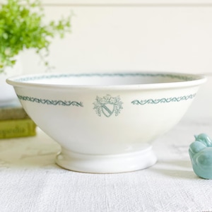 Antique Transferware Footed Serving Bowl; Large Ironstone Footed Pedestal Bowl; Dark Teal & White Serving Compote; French-Style Kitchen
