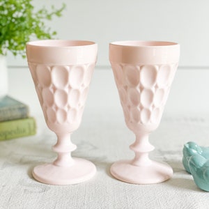Vintage Jeannette Glass Shell Pink Water Goblets; Pale Pink Milk Glass Thumbprint Pattern Tumbler; Mid Century Drinking Glasses, Stemware