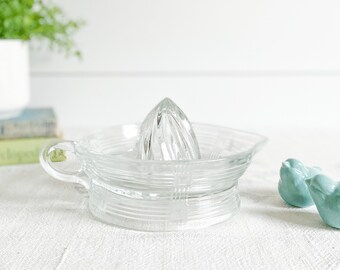Vintage Clear Glass Footed Citrus Juicer w/ Criss-Cross Design; Window Pane Pressed Glass Reamer w/ Handle; Farmhouse Kitchen; Juicing Tool