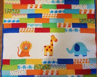 Handmade Baby Quilt pieced with appliqued zoo animals