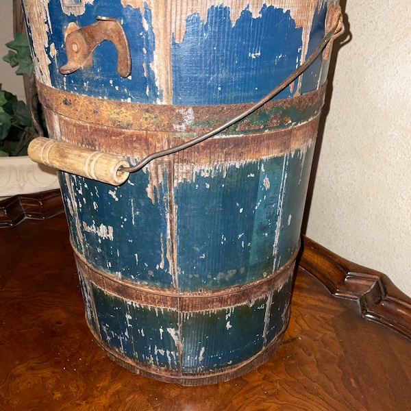 Antique wooden pail,water barrel, blue painted water bucket. Folk art piece