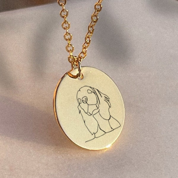 Cavalier King Charles Spaniel Personalize Gold Circle Necklace - Custom Engraved Dog Portrait Gift for Pet Memorial Pendant for Mom Dog