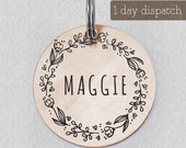 Custom Boho Pet ID Tag for Dogs Cat, Engraved Floral Wreath Pet Tag, Stamped Pet ID, Personalized Pet Accessory and Pet Jewelry, HappyPaws