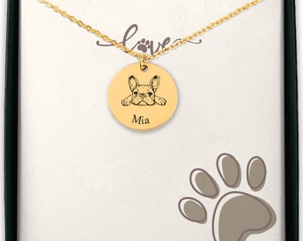 Dog Mom Personalised Necklace - Personalised Dog Portrait Necklace - French Bulldog Custom Necklace - Gold Custom Engraved Disc Necklace