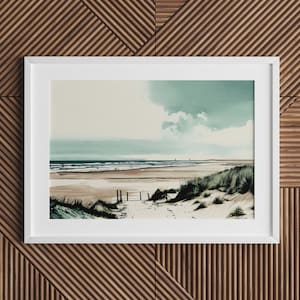 North East Beach Scene • Art Print • Digitale download • Gedempte aquarel • Vintage schilderij • Northumberland