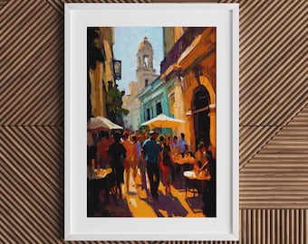 Puede incluir: Una pintura de una escena de calle estrecha en una ciudad, con un edificio alto visible en el fondo. La calle está bordeada de edificios coloridos y la gente camina y se sienta en mesas afuera de un café.