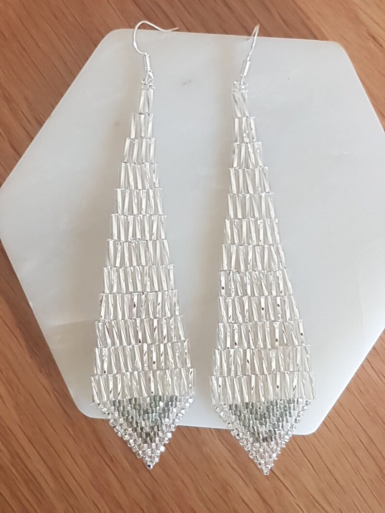 Handmade Elegant Bugle Bead Silver Drop Earrings Etsy