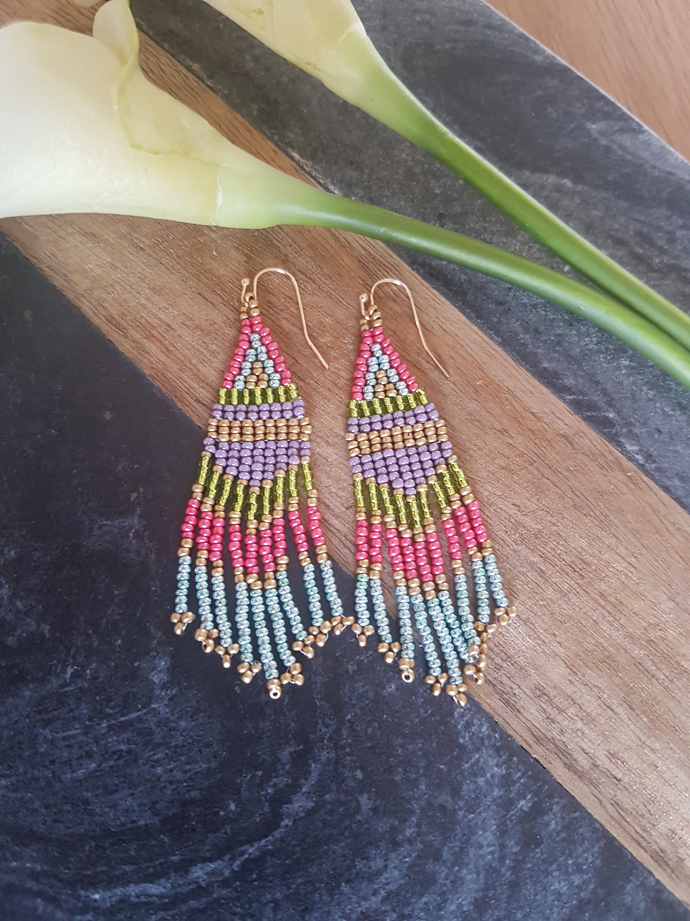 Handmade Beaded Fringe Drop Earring Multi-Colored Rainbow | Etsy