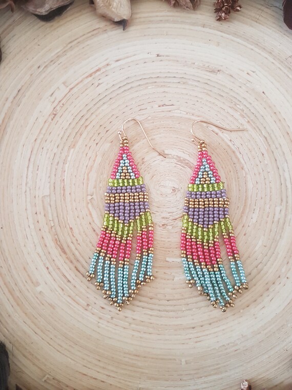 Handmade Beaded Fringe Drop Earring Multi-colored Rainbow - Etsy Australia