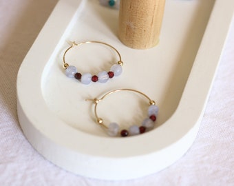 Guldfyllda ringörhängen, 14k guldfyllda örhängen med blå kalcedonstenar, lila mineralstenar
