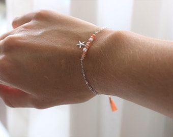 Bracelet in 925 silver with white gold finish, Thin moonstone, natural stone and starfish bracelet