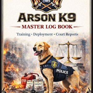 Pode incluir: Um livro de registro mestre intitulado "ARSON K9" com uma ilustração de um cão policial. A capa do livro apresenta um emblema do corpo de bombeiros, o texto "Training, Deployment, Court Reports" e a frase "Field Documentation for Professional Use."