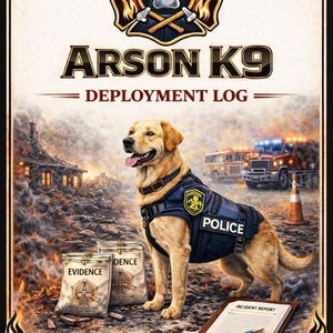 Pode incluir: Ilustração de um diário de implantação de cães K9 de incêndio criminoso. Um cão labrador amarelo usando um colete policial está em frente a um prédio em chamas. A imagem inclui o texto "ARSON K9 DEPLOYMENT LOG" e "EVIDENCE".