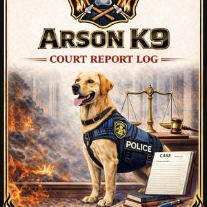 May include: A digital illustration of an Arson K9 court report log. The image features a golden retriever wearing a police vest, scales of justice, and the text "ARSON K9 COURT REPORT LOG". The image also includes the text "Documentation for Court Testimony and Case Tracking".