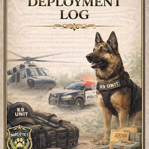 Pode incluir: Ilustração de uma capa de diário de implantação com um pastor alemão usando um colete da unidade K9. Um carro de polícia, um helicóptero e equipamentos estão no fundo. As palavras "DEPLOYMENT LOG" e "NARCOTICS" são visíveis.