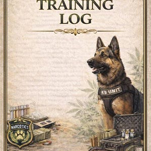 Pode incluir: Um diário de treinamento com um pastor alemão usando um colete da unidade K9. A imagem inclui o texto "TRAINING LOG" e "NARCOTICS". Outros itens incluem tubos de ensaio, balanças e uma maleta.