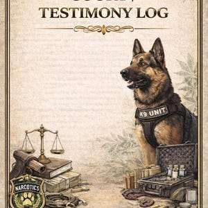 May include: An illustrated image with the text "COURT / TESTIMONY LOG". A German Shepherd dog wearing a "K9 UNIT" vest stands beside a briefcase, scales, and other items. The image has a vintage, official feel.