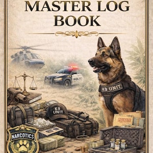 Pode incluir: Capa do livro "K9 Unit Master Log Book" com um cão pastor alemão, um carro de polícia, um helicóptero e evidências. A capa tem uma borda decorativa e a palavra "Narcotics" em um distintivo.