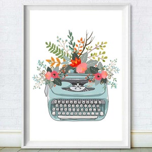 Retro Typewriter Print, Floral Retro Typewriter Decor, Abstract Prints, Retro Prints, Retro Stylish and Modern Wall Art, housewarming gift